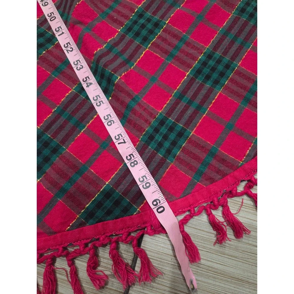 Vintage Kmart Christmas Red Green Gold Tartan Plaid Round Tablecloth Fringe Trim